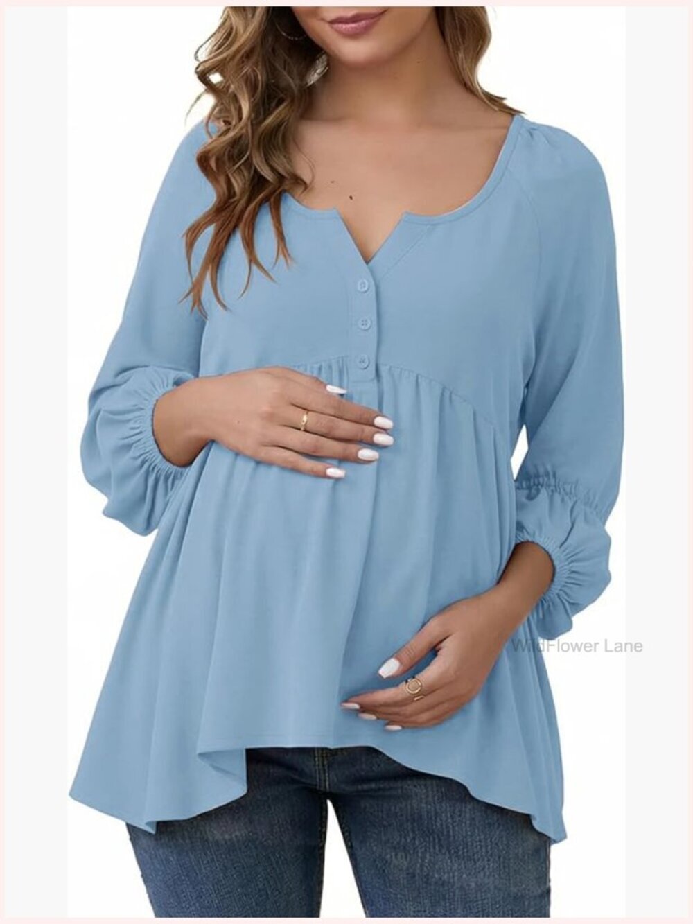 Maternity Babydoll Top Lantern Sleeve Boho Blouse Tunic Long Sleeve
